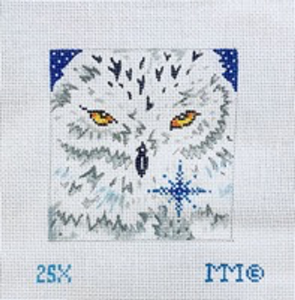 Christmas 4" Square 18 Mesh 2SX Snow Owl/ Blue & White Dotted Bkgd. MM Designs 