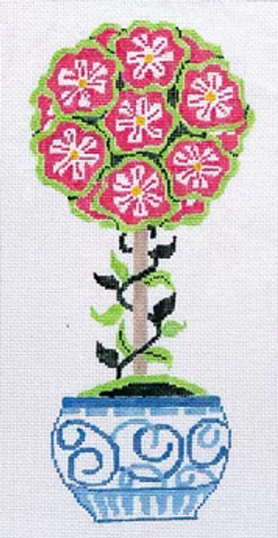 14h Small Pink  Primrose Topiary 7 1/4" x 14 1/2" 13 mesh  Jean Smith Designs