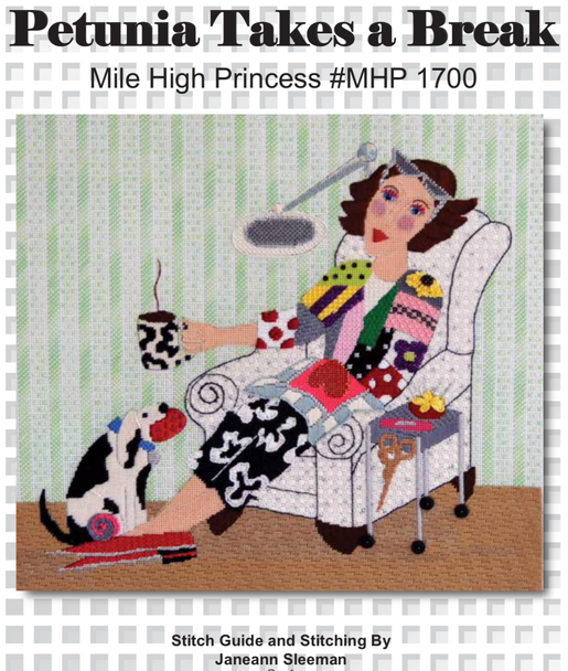 MH1700 Petunia on a Break Photo Shows Finished Canvas Only 11 x 15 18 Mesh Mile High Princess Designs