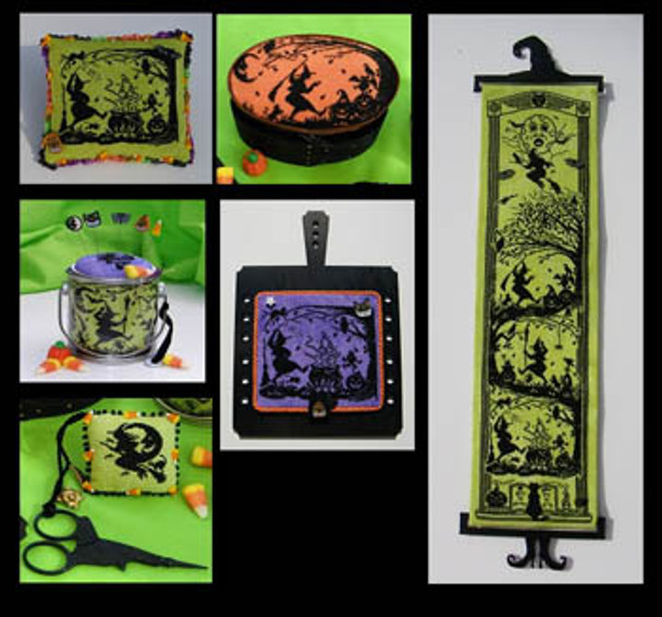 Witches Night Out – Wall hanging, pincushions, Orts & horn book 138 Blackberry Lane Designs 13-2648
