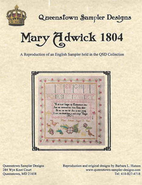 Mary Adwick 1804 221 tall x 213 wide Queenstown Sampler Designs 18-1580 YT