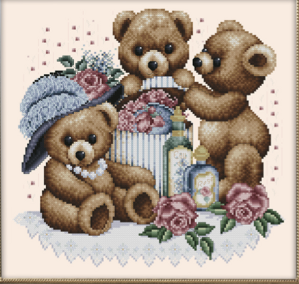 Hatbox Teddies Approximate Stitch Count 147 x 138  Kitty And Me Designs