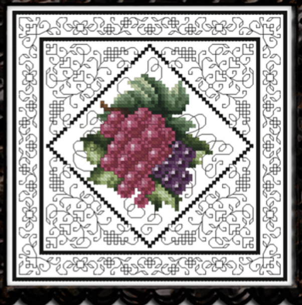 Blackwork Grapes 5 3/4 Inches Square 81 Stitches Square Kitty And Me Designs