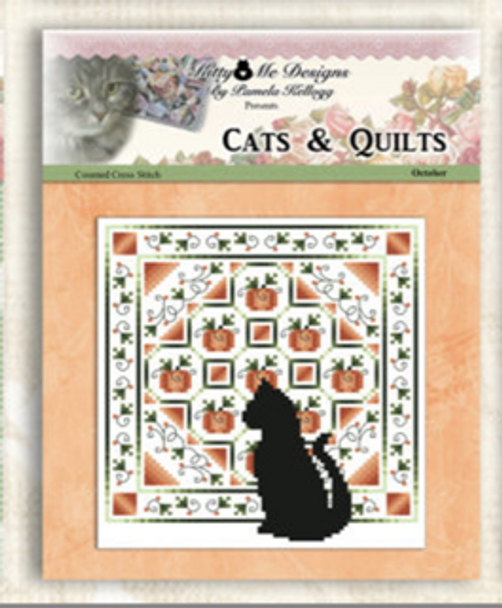 Cat And Quilt October Approximately 7 inches Square  on 28 count Kitty And Me Designs