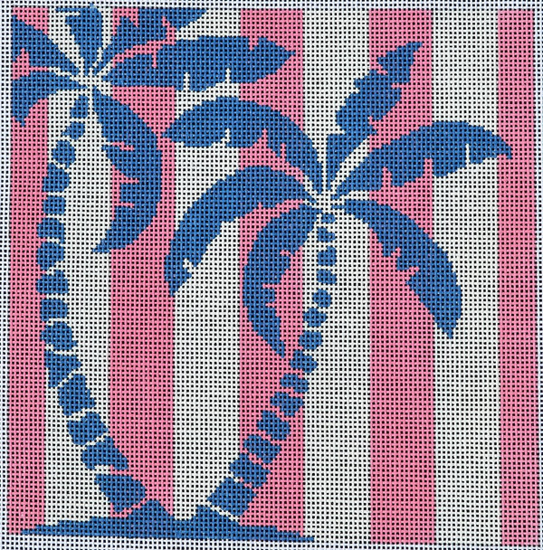 SQ69P Palm Tree Stencil On Pink 8' x8" 14 mesh  Two Sisters Designs