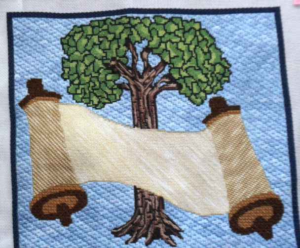 GS108t Tree with scroll tefillin 10x10 13 Mesh Shown Finished Rene Seidman Gone Stitching 