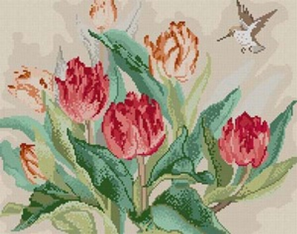 WL-1009 Tulips & Hummingbrd 13 Mesh 15 x 12 Lucy Wang Treglown Designs