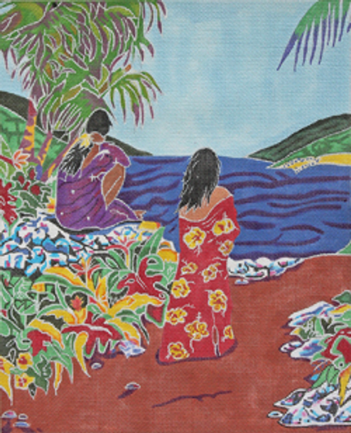 CAR 502  TROPICAL SCENE:  SISTERS  9.75 X 12 13 Mesh  SANDI CARPENTER