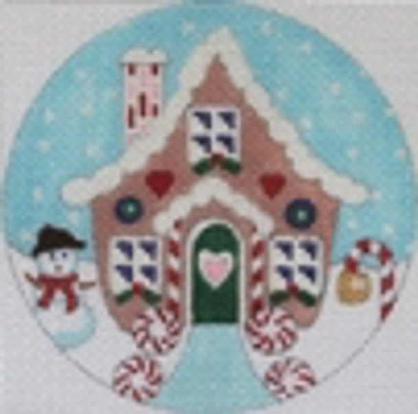 604  GINGERBREAD HOUSE w/ Snowman Ornament 4" Diameter 13 Mesh DESIGNS by Florence Schiavo