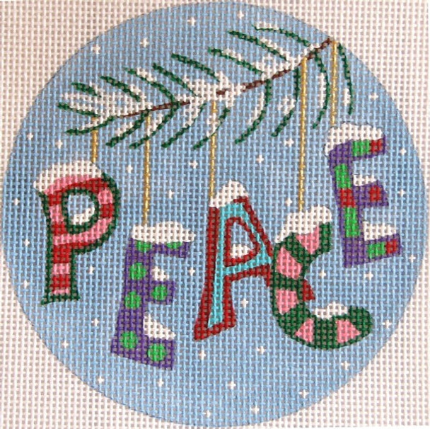 629 CHRISTMAS WORDS ORNAMENT: "PEACE" in pinks  4" Diameter 13 Mesh DESIGNS by Florence Schiavo