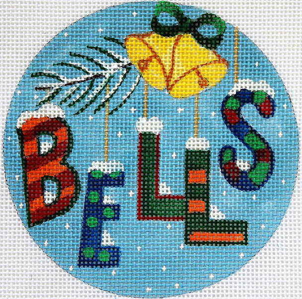 646 CHRISTMAS  WORDS ORNAMENT:  "BELLS"   4" Diameter 18 Mesh DESIGNS by Florence Schiavo