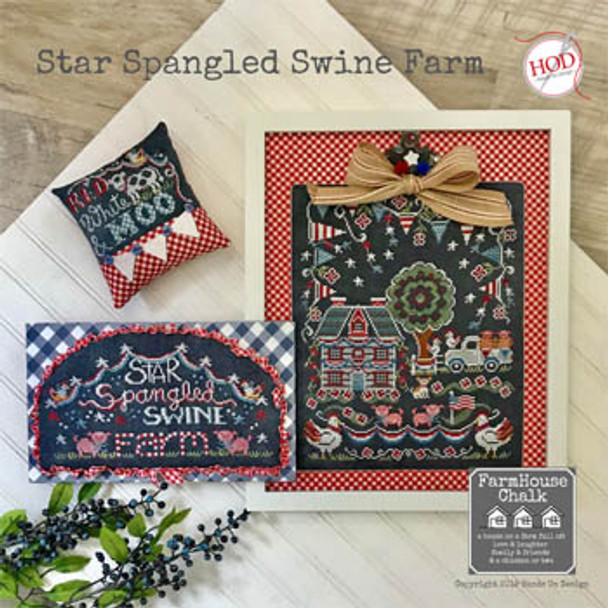 YT Star Spangled Swine Farm Stitch counts: Swine Farm sampler 130 x 163, Swine Farm sign 129 x 60 & Moo small 72 x 47 by Hands On Design