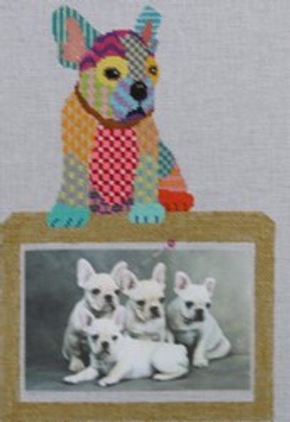 276-c Small Frenchie 3.75x5.5 18 Mesh Pajamas and Chocolate Design has been edited and will not include the frame below the animal