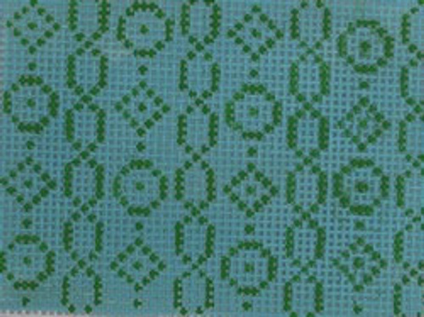 WCC13 wallet insert - geometric chain/circle/diamond green on torquoise 3.25 x 2.25 18 Mesh Kristine Kingston Needlepoint Designs