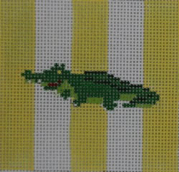 SS1 Gator on Yellow/white stripe 3" Square 18 Mesh Kristine Kingston Needlepoint Designs
