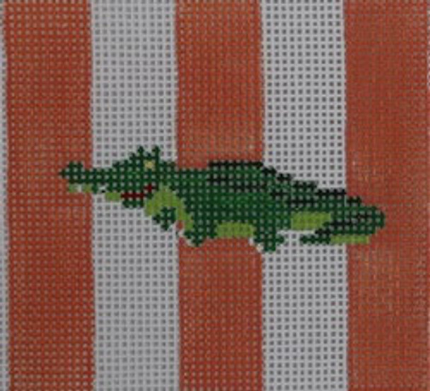 SS4 Gator on orange/white stripe 3" Square 18 Mesh Kristine Kingston Needlepoint Designs