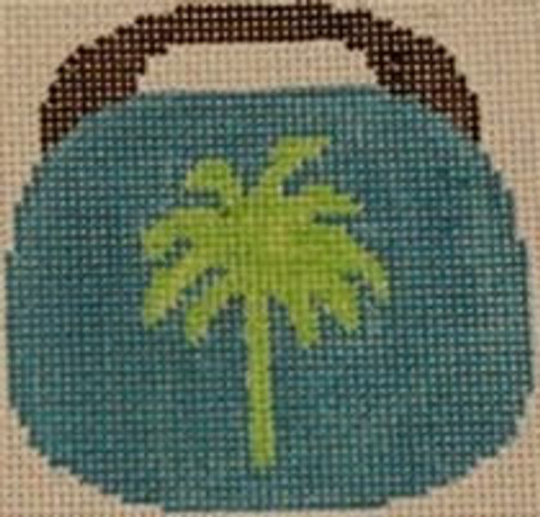 OBB102d Palm Tree on on teal 3.5 x 3.5 18 Mesh Kristine Kingston Needlepoint Designs