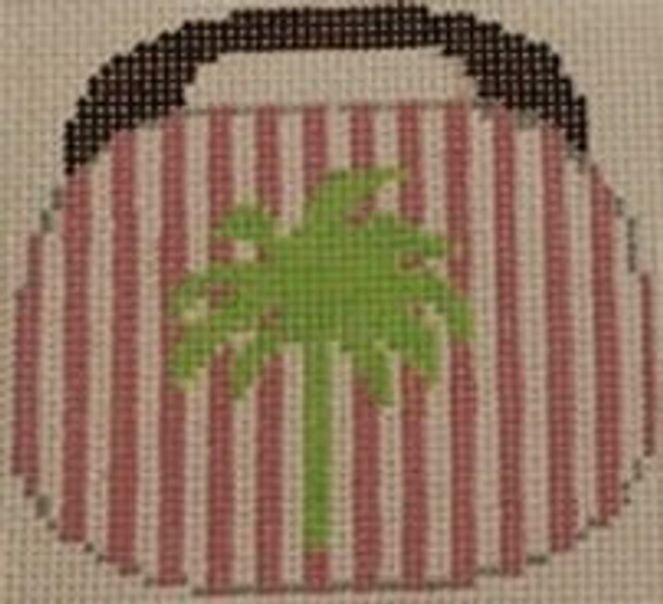 OBB102e Palm Tree on pink and white stripe 3.5 x 3.5 18 Mesh Kristine Kingston Needlepoint Designs