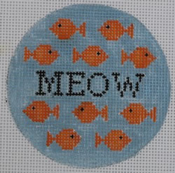 O148 Meow with Goldfish on blue 3" round 18 Mesh Kristine Kingston Needlepoint Designs