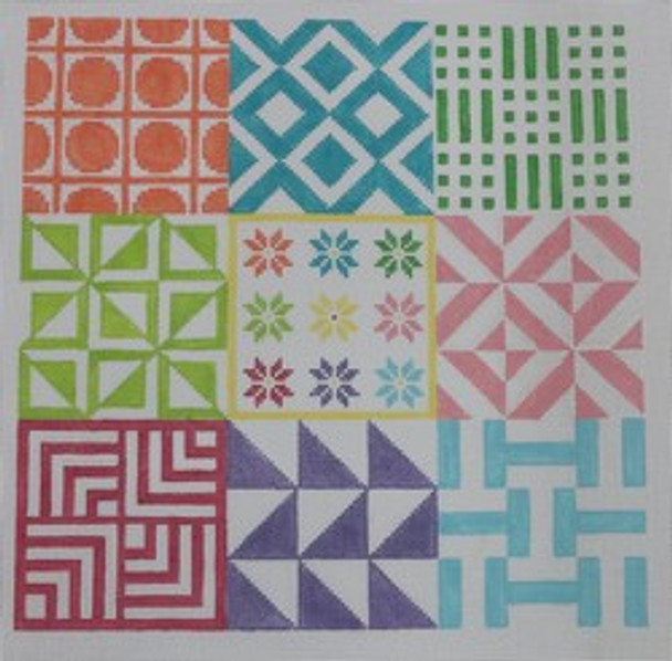 P129 Geometric Squares - Multi Brights 9 x 9  18 Mesh Kristine Kingston Needlepoint Designs