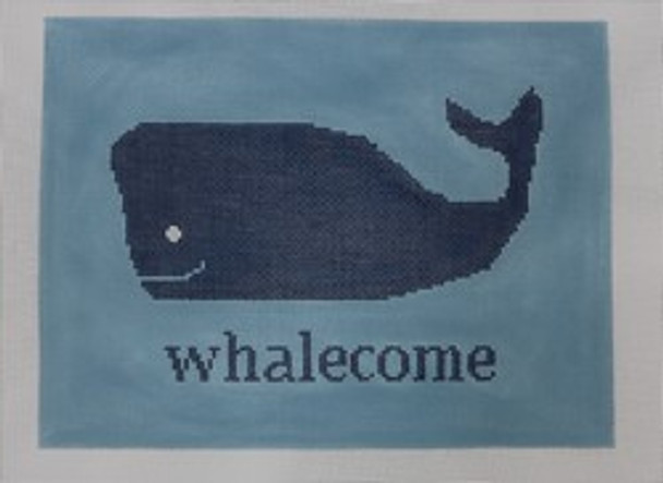 P117b Whalecome on blue 11 x 8.5 13 Mesh Kristine Kingston Needlepoint Designs
