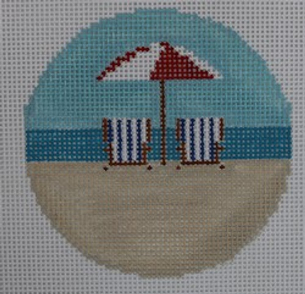 OBR1 Beach Round with Umbrella/chairs 3" round 18 Mesh Kristine Kingston Needlepoint Designs