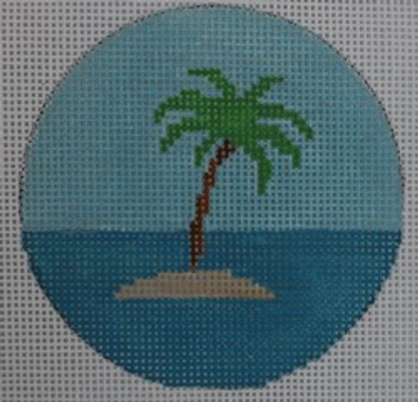 OBR2 Palm tree island in ocean 3" round 18 Mesh Kristine Kingston Needlepoint Designs