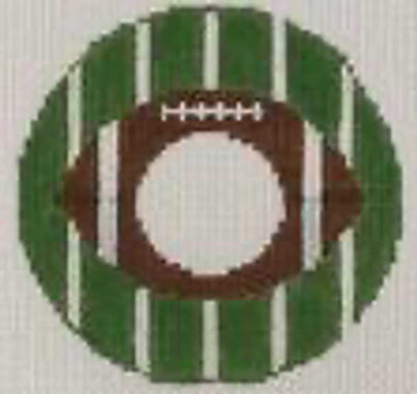 RD 088  Football 18 Mesh 3.5" round Includes monogram chart Rachel Donley Needlepoint Designs