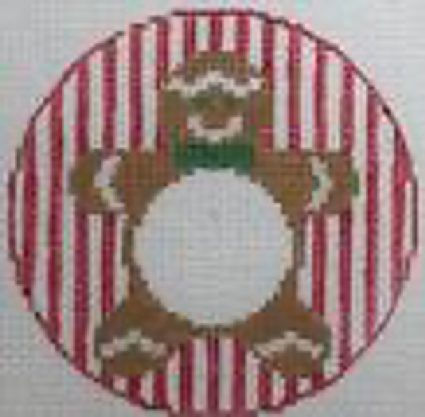 RD 134 Gingerbread Boy 18 Mesh 3.5" round Includes monogram chart Rachel Donley Needlepoint Designs