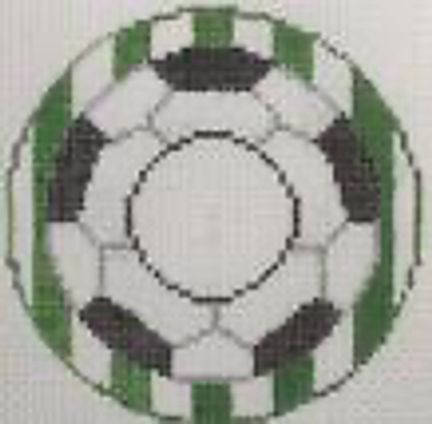 RD 158 Soccer 18 Mesh 3.5" round Includes monogram chart Rachel Donley Needlepoint Designs