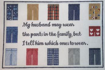 RD 128  My husband wears the pants… 18M 8" x 12" Rachel Donley Needlepoint Designs