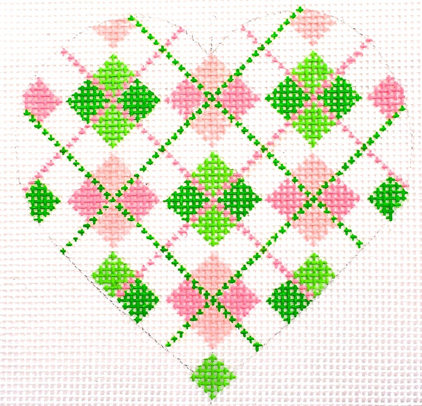 HB-154 Heart - Pink/Green Argyle 3 1⁄2 x 3 1⁄2 18 Mesh Stitch Guide included Hummingbird Designs