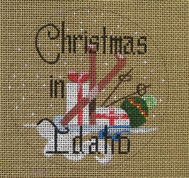 D-177 Christmas in Idaho 4” round on brown canvas 18 Mesh Designs By Dee