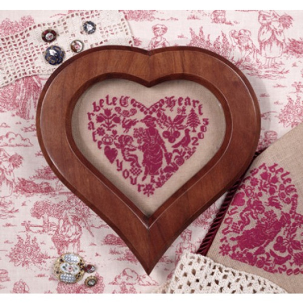 Kit 142	“Splendor XII- Celebrate Your Heart”, 40 count “Cognac” linen, garnet floss, Inc. Heart Frame The Heart's Content