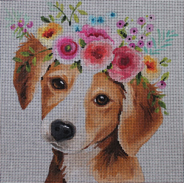 AN406 Dog with flowers 9x9 13 Mesh Colors of Praise 