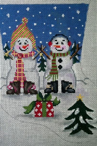 CHRISTMAS GE648  Snow-couple stocking (small) 8" x 12" Mesh: 13 Gayla Elliott