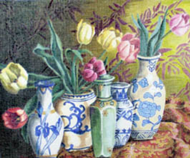 D-27 Blue Vase w-flowers Tulips Needlepoint of Back Bay The Collection Designs