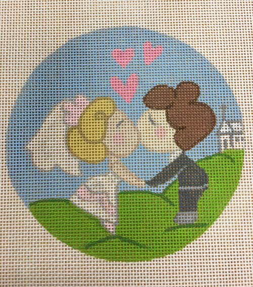 APWE03 Bride & Groom 18 mesh 4.5” round stitch painted A Poore Girl Paints