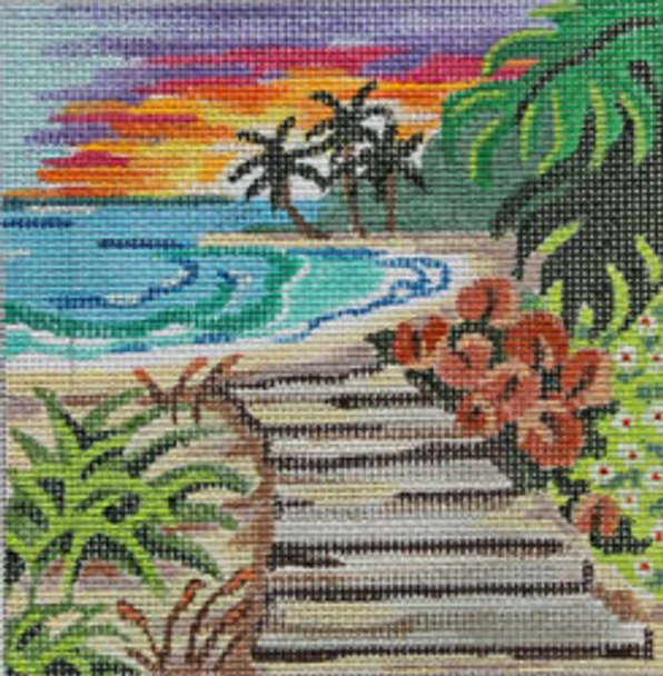 KL1142 TROPICAL BEACH SCENE: Sunset at the Beach 5 x 5 18 Mesh KAMALA