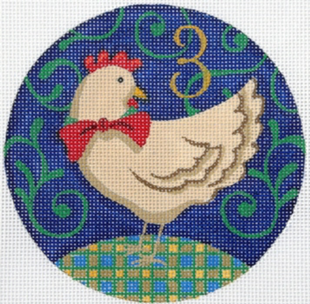 188603 3 French Hens 4.5" diameter 18 Mesh WITH STITCH GUIDE JULIE THOMPSON
