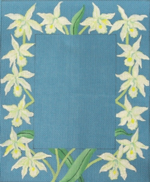 182602 White Orchids on China Blue (Photo Opening 4x6 or 5x7) Frame 18 Mesh JULIE THOMPSON