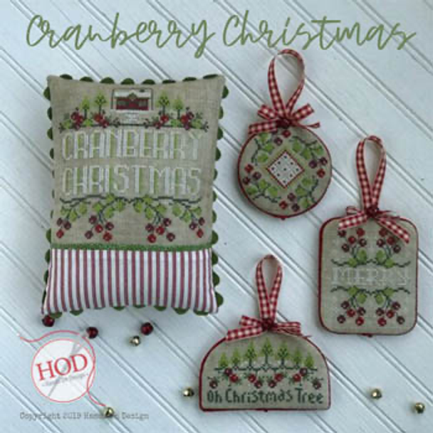 Cranberry Christmas Pillow stitch count 75 x 77. Ornament stitch counts: 39 x 48, 41 x 41, and 57 x 32 by Hands On Design 19-2527 YT