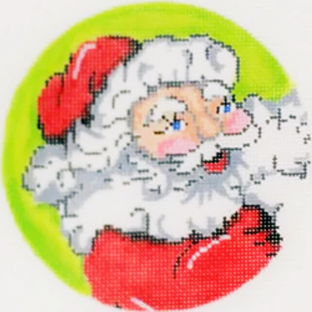 22124	CHR	orn.  Round Santa on lime green 4.5 diam 18 Mesh  Patti Mann