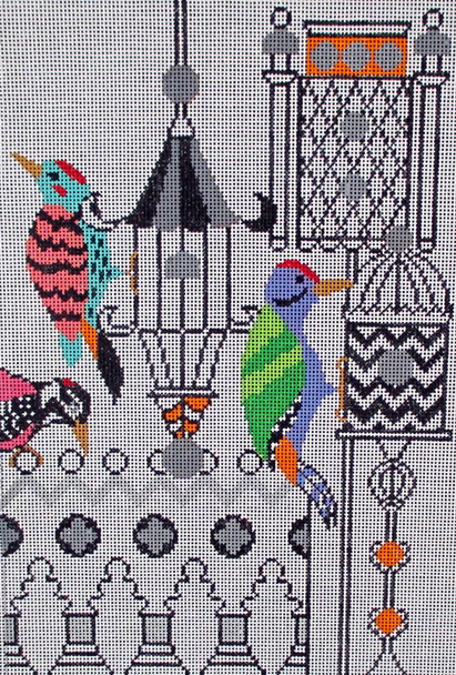 PS-18 A - Woodpecker Garden 7x10	18 Mesh Tapestry Fair PAT SCHEURICH DESIGNS