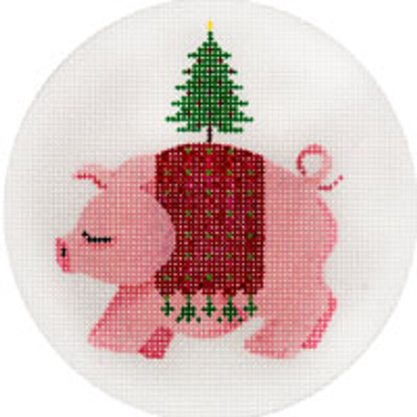 CHRISTMAS X231 Pig with Xmas Tree 4.5" diameter 18 Mesh JP Needlepoint