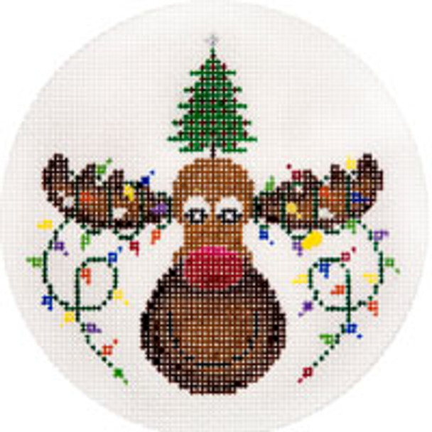 CHRISTMAS X233 Moose with Xmas Lights 4.5 diameter 18 Mesh JP Needlepoint