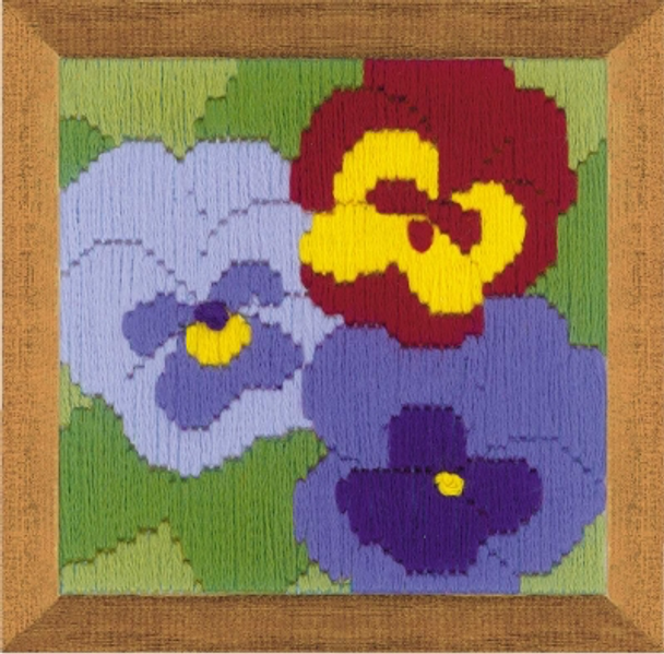 RL1633 Riolis Long Stitch Kit Three Pansies 4" x 4"; Twist Stramine with Printed Pattern; 13ct 