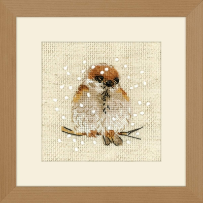 RL1680 Riolis Cross Stitch Kit Sparrow 4" x 4" ; Flaxen Aida; 14ct 