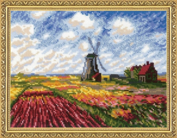 RL1643 Riolis Cross Stitch Kit Tulip Field After C. Monet's Painting 13" x 9.5"; White Aida; 10ct 