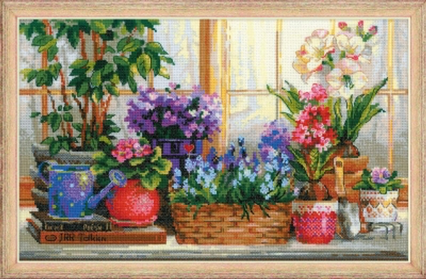 RL1669 Riolis Cross Stitch Kit Windowsill With Flowers 15.75" x 9.75"; White Aida; 14ct 